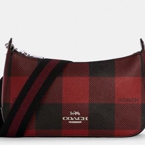 New Coach Jes Baguette With Buffalo Plaid Purse/Coated Canvas/Red-Black